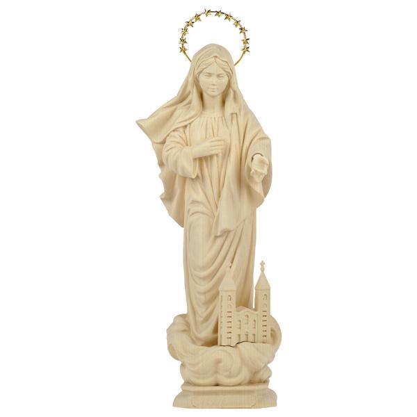 Madonna di Medjugorje con chiesa con Raggiera 12 stelle - Legno di tiglio scolpito - naturale